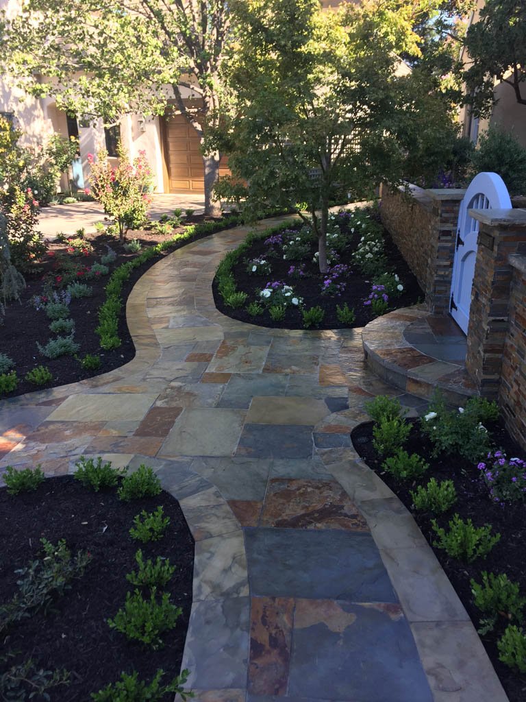 Beautiful garden pathway with vibrant plants and stone tiles.