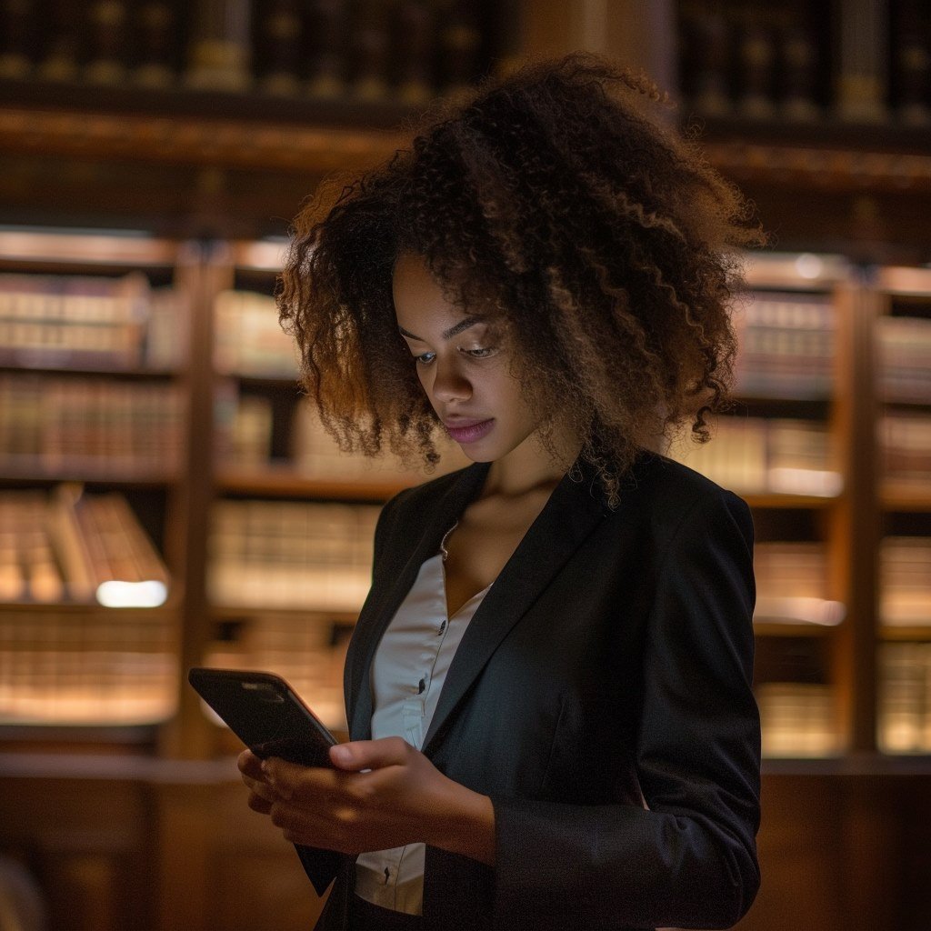 Woman in library using smartphone