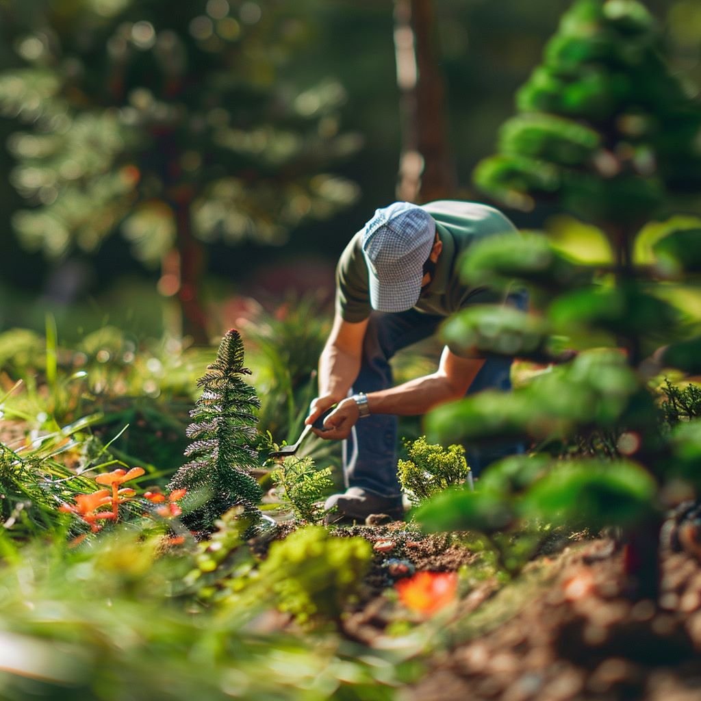 Man gardening in lush, vibrant backyard.