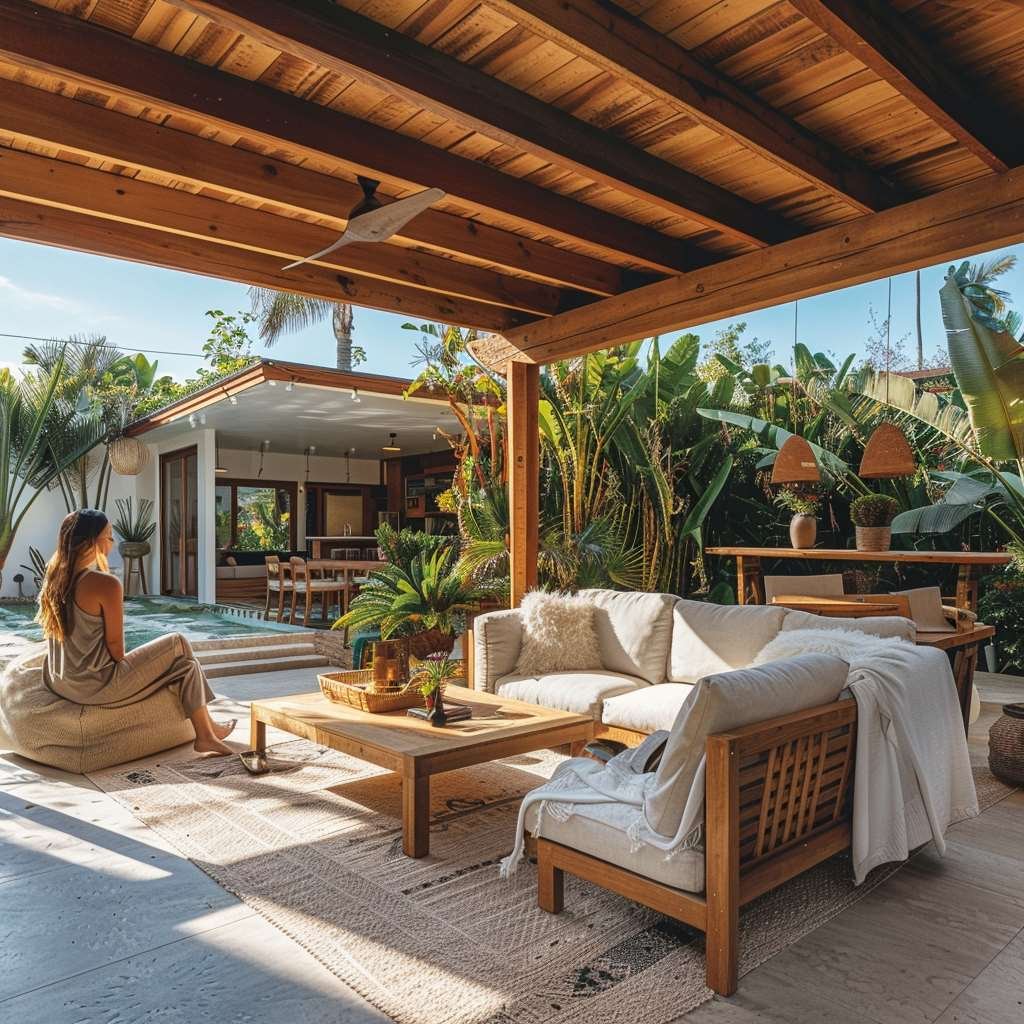 Woman relaxing in tropical open living room