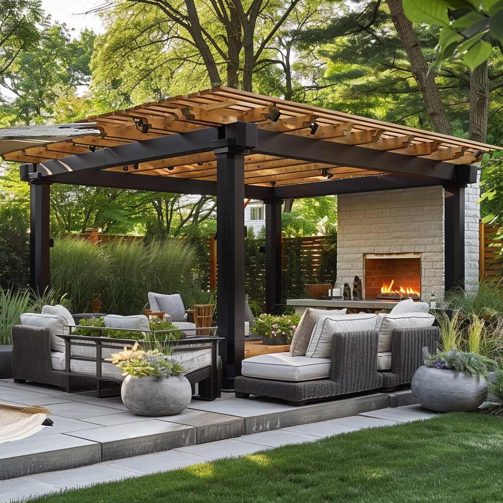 Outdoor seating area with pergola and fireplace