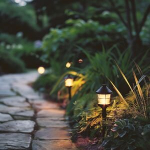 Illuminated garden path with lamps at dusk