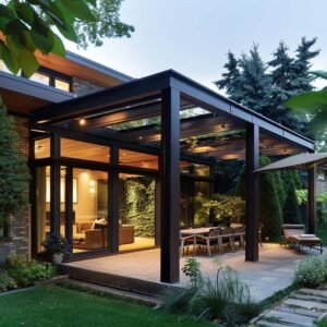 Modern home with large glass windows and lush garden