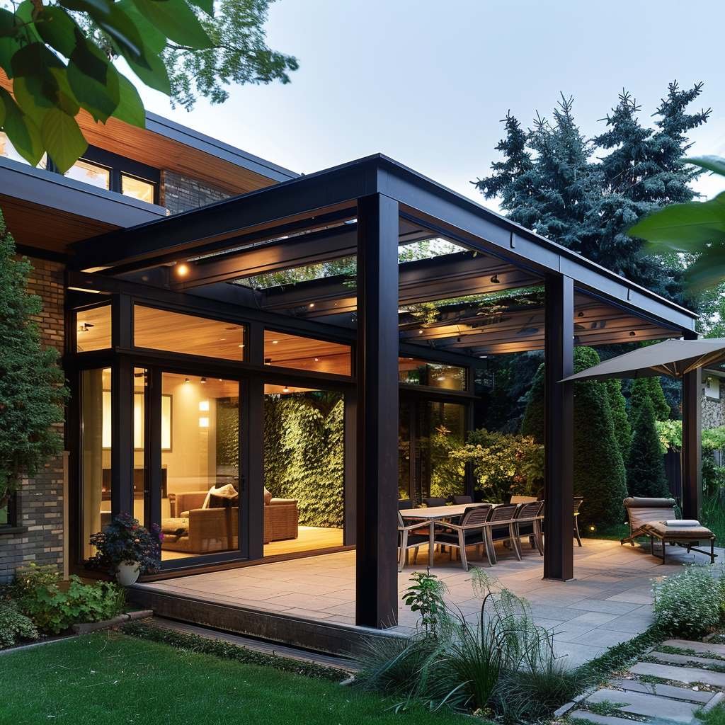 Modern home with large glass windows and lush garden