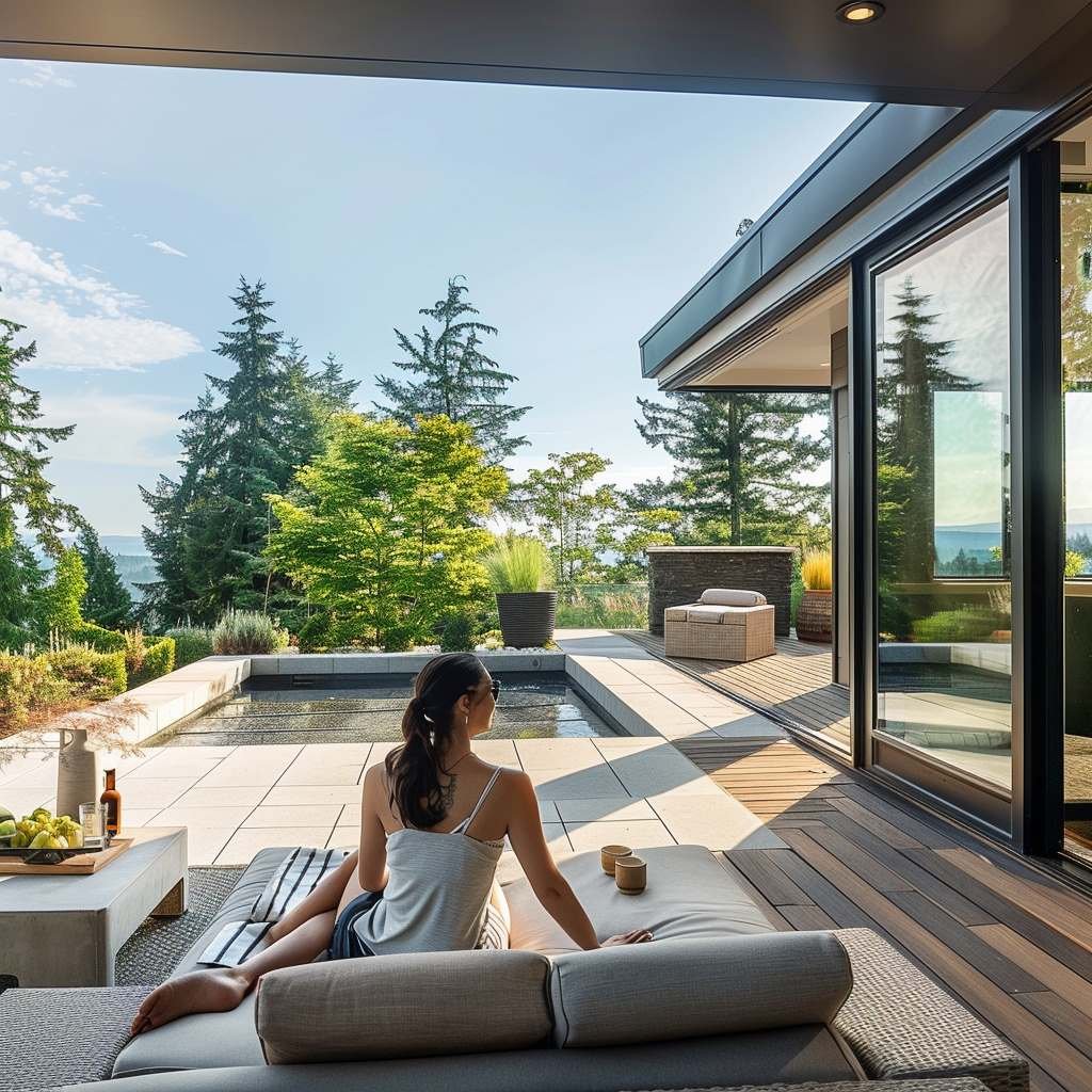 Woman relaxing on patio overlooking forest and sea