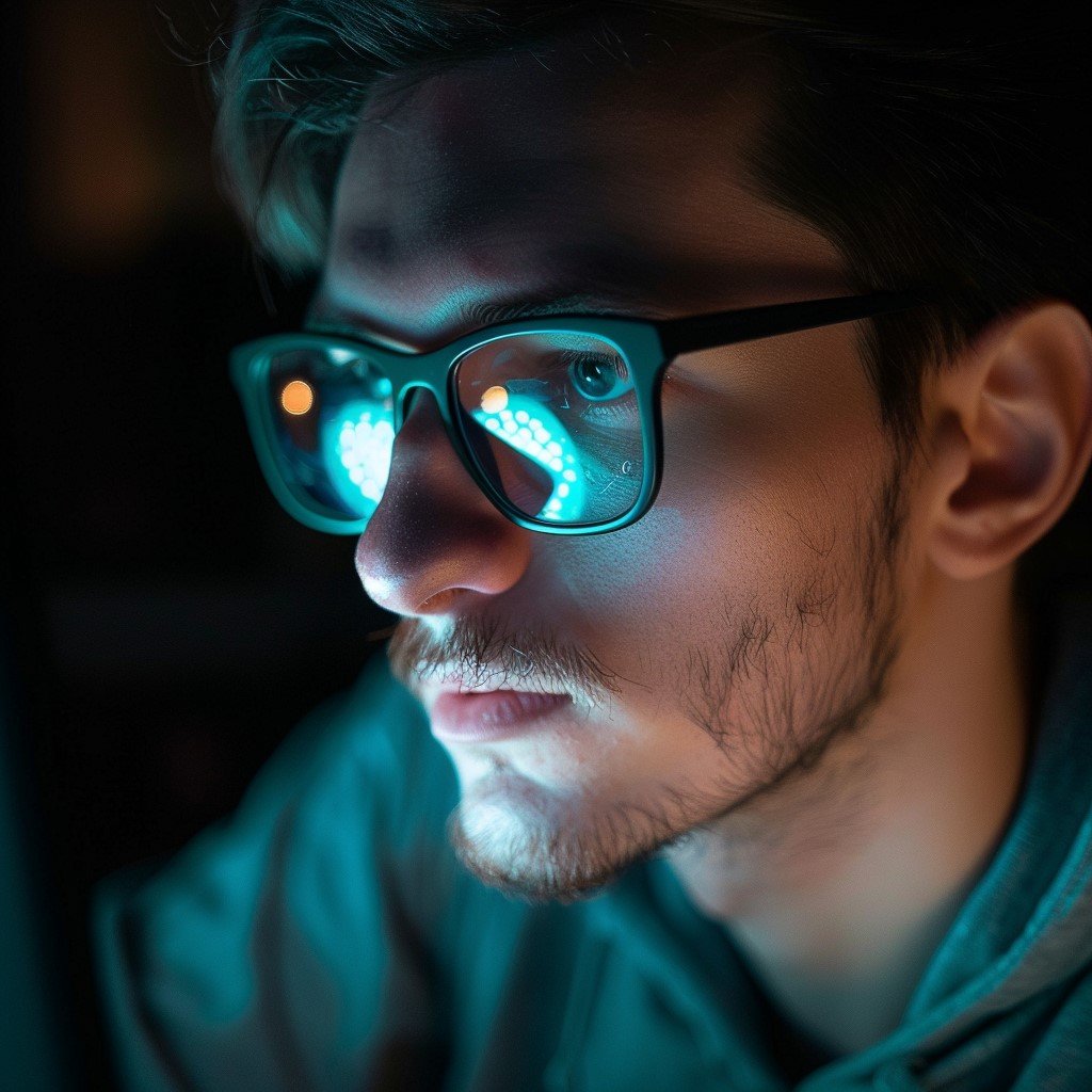 Man with reflective glasses illuminated by screen light