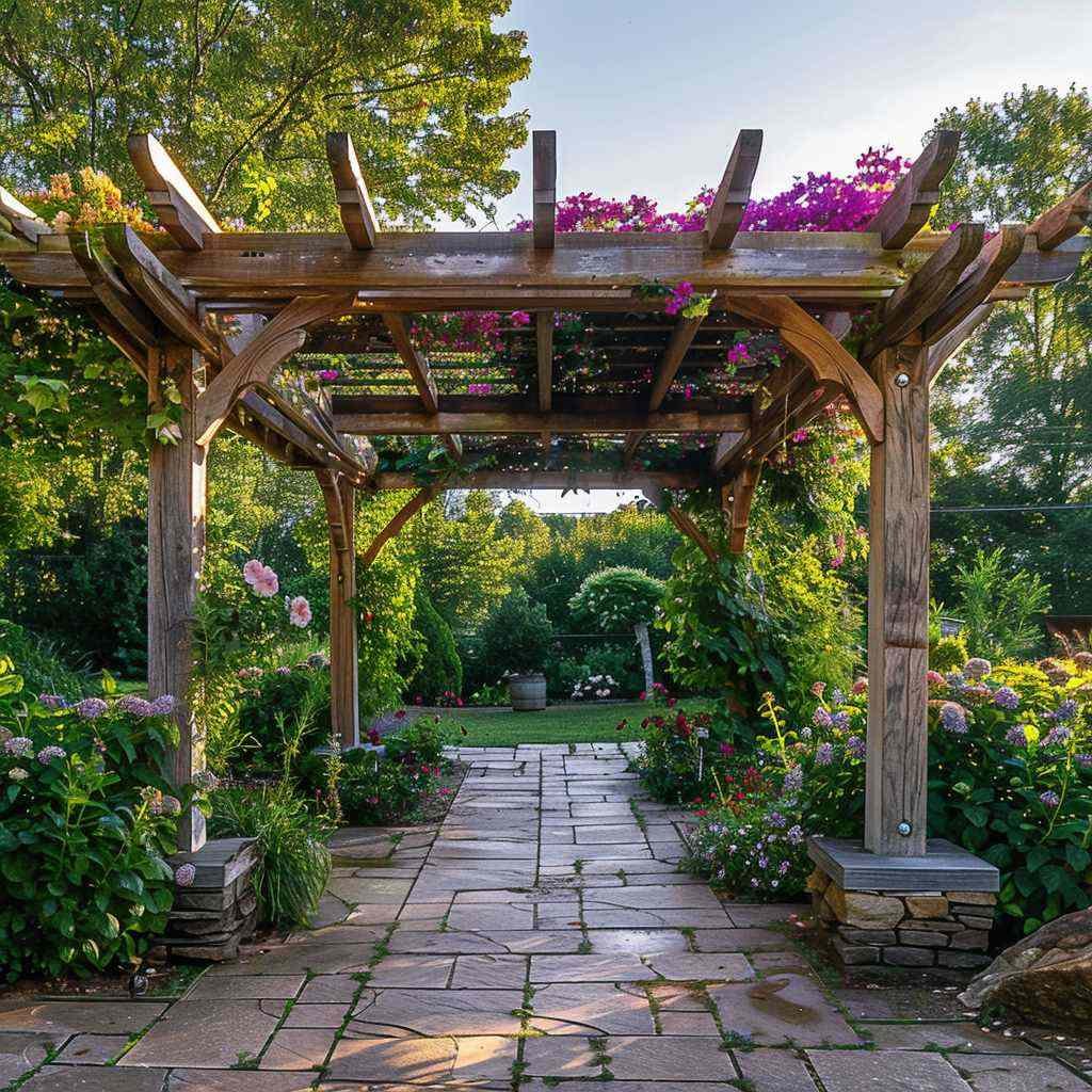 Wooden pergola overgrown with flowers in lush garden