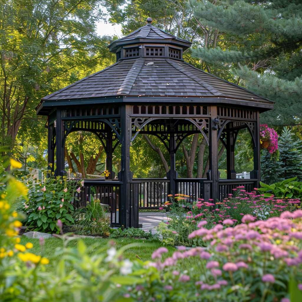 Serene garden gazebo surrounded by lush flowering plants