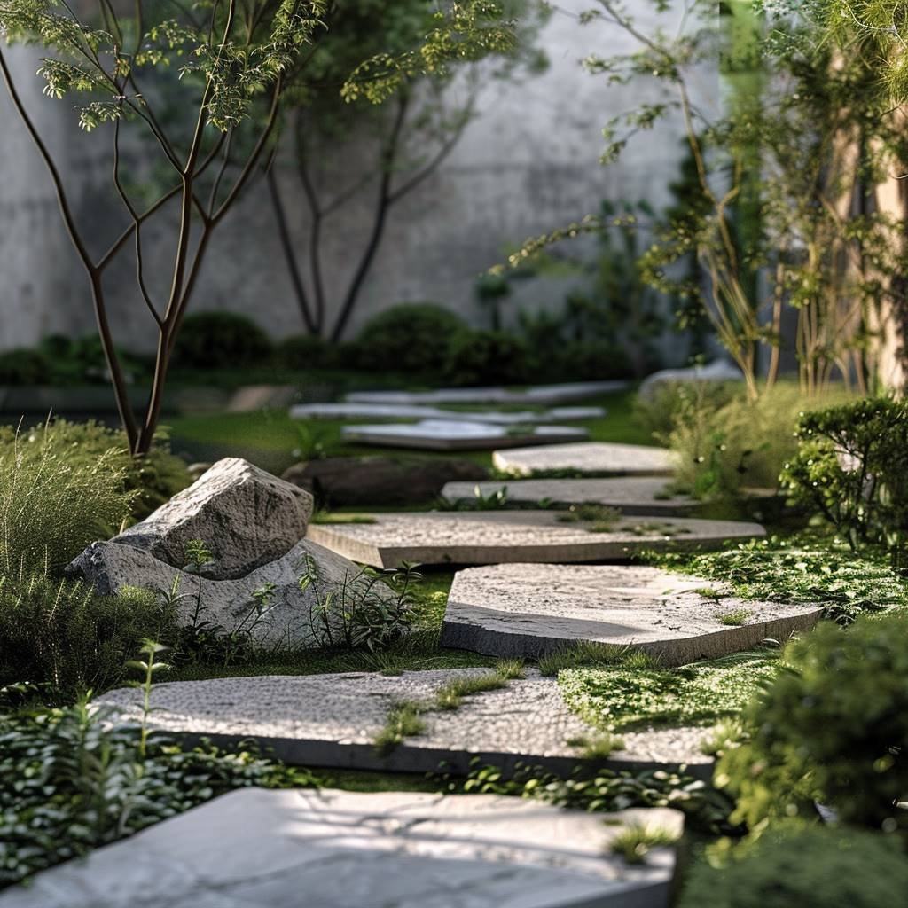 Serene garden path with stepping stones and lush plants