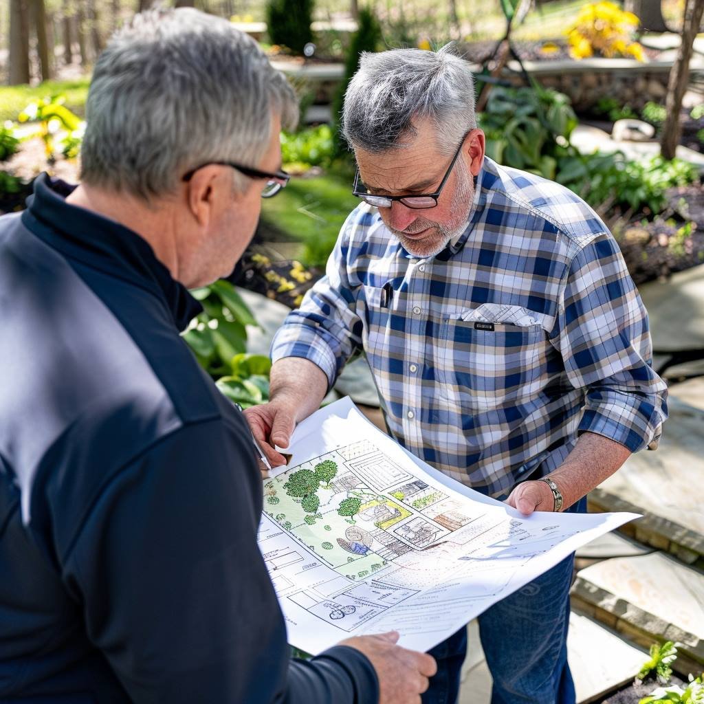 Two men reviewing garden design plans outdoors