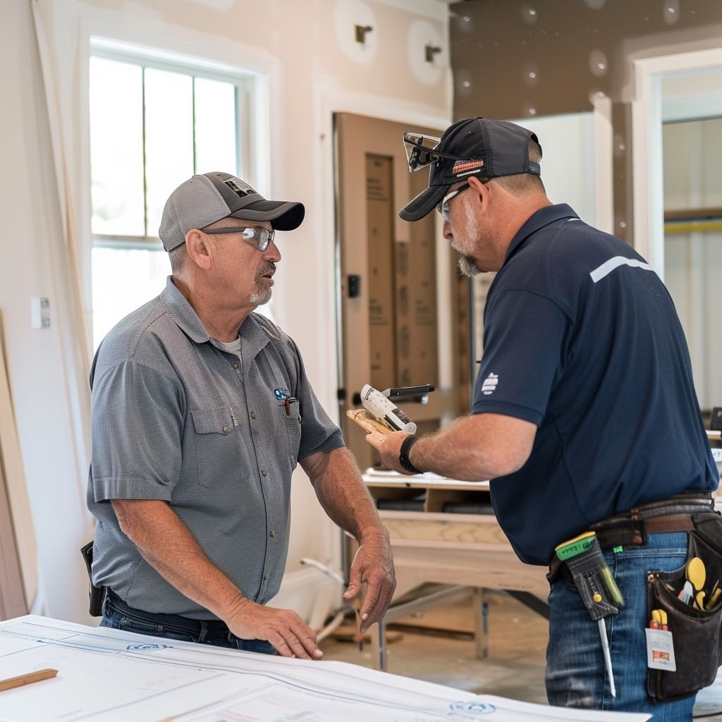 Contractors discussing plans at construction site