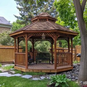 Wooden garden gazebo with bench on sunny day