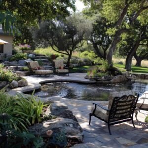 Beautiful landscaped garden with pond and seating area