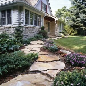 Stone path leading to cozy house with lush garden