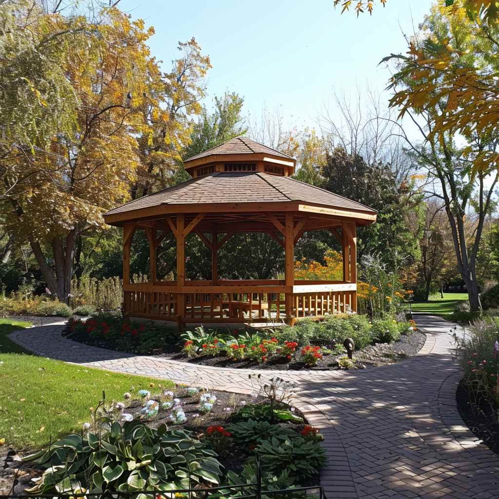 Wooden gazebo in vibrant garden during autumn