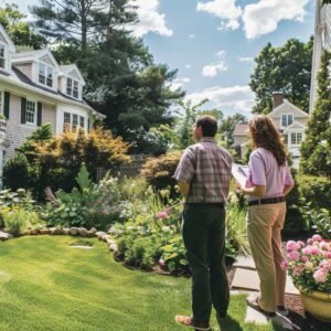 Two people discussing garden layout near lush house