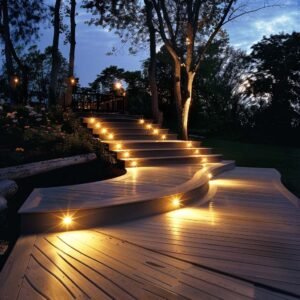 Illuminated wooden garden steps at dusk