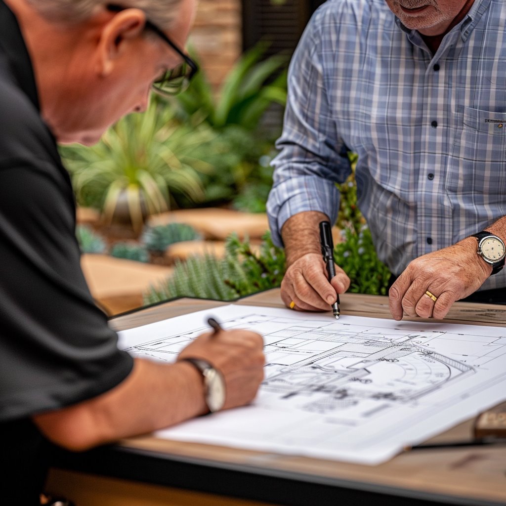 Two men reviewing architectural plans outdoors