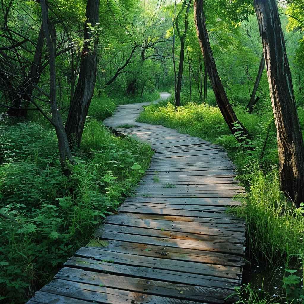 Winding wooden path through lush green forest