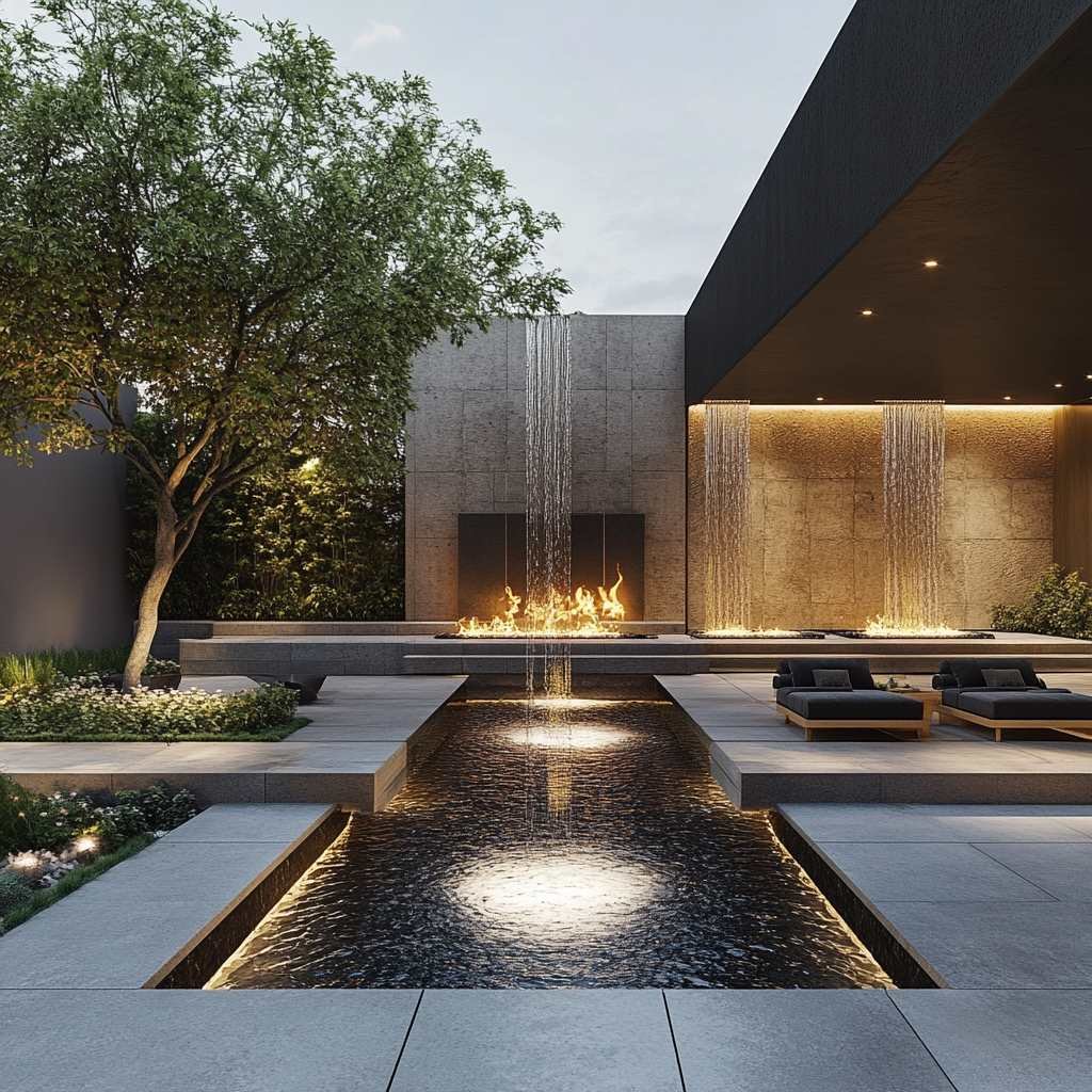 Modern backyard with fire feature and water fountain