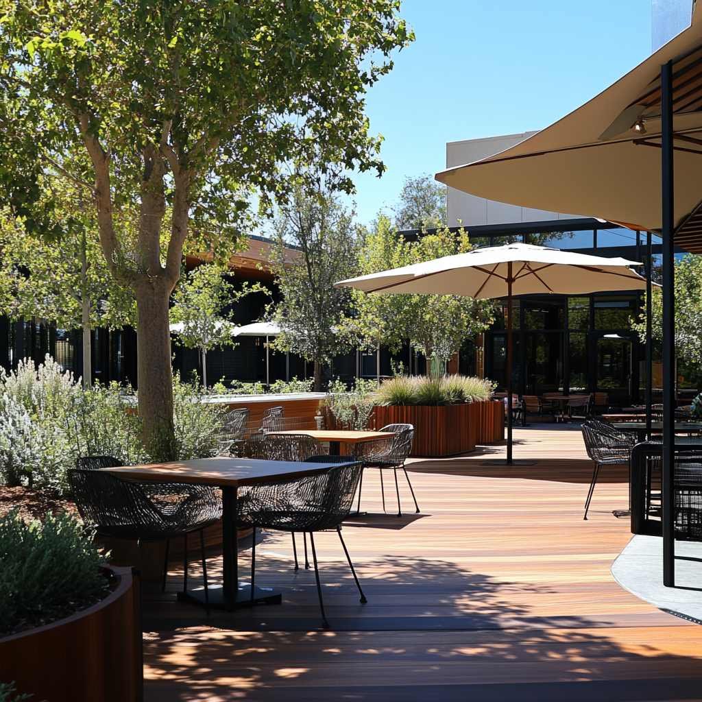 Sunny outdoor patio with seating and umbrellas