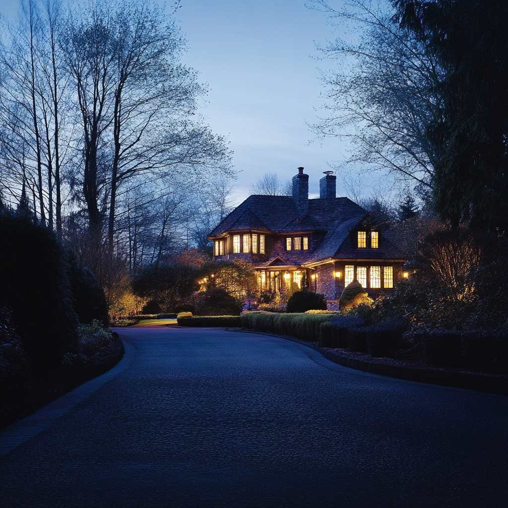 Illuminated cozy house with garden at twilight