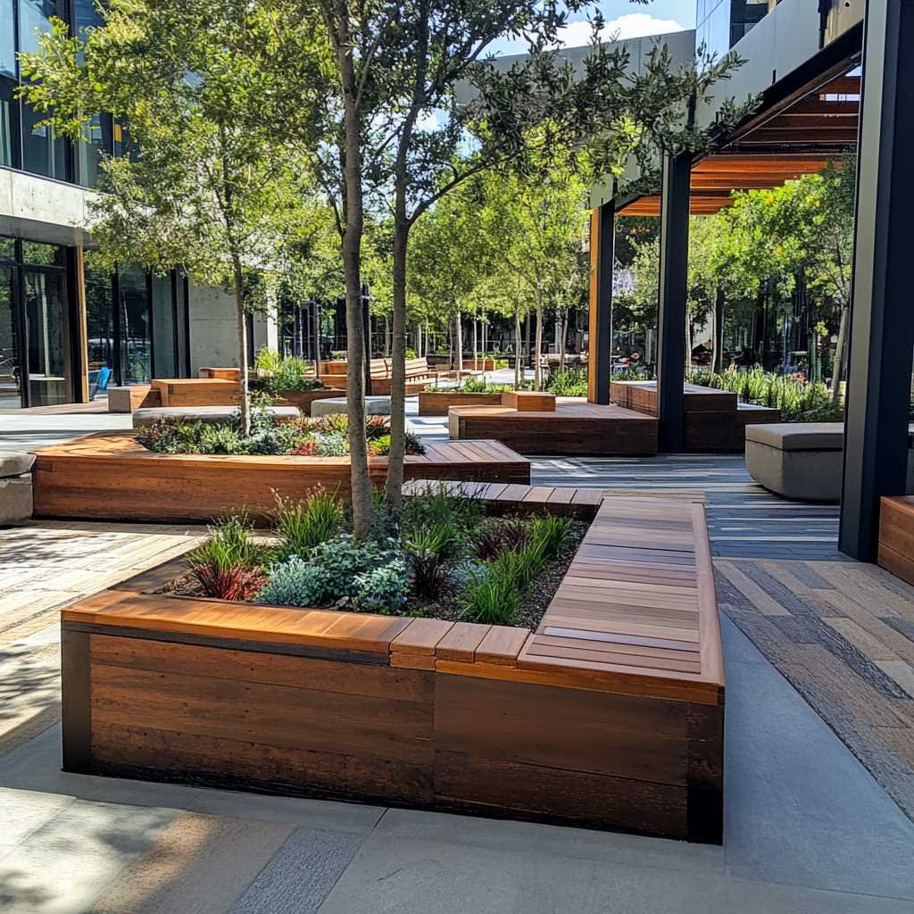 Modern urban plaza with wooden benches and green plants