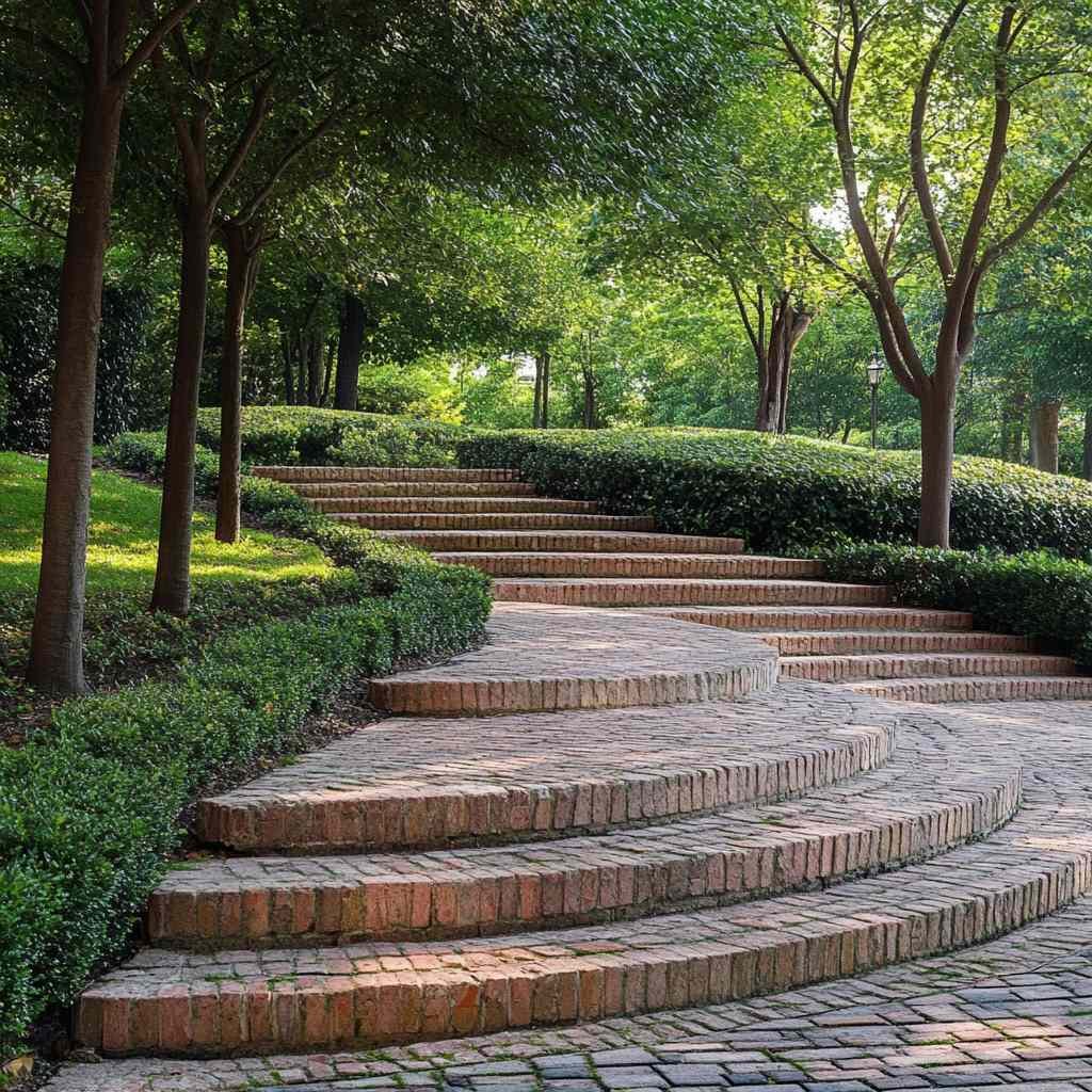 Serene park pathway with brick steps and lush trees