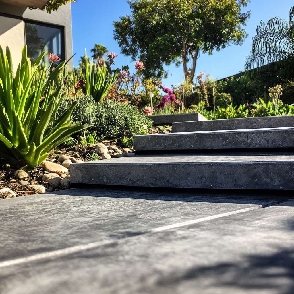 Concrete steps in lush garden landscape under sunlight