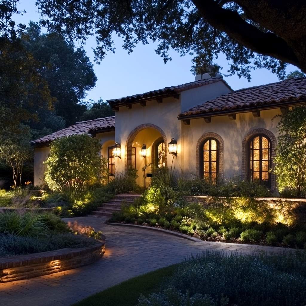 Illuminated Spanish-style villa at dusk with lush gardens