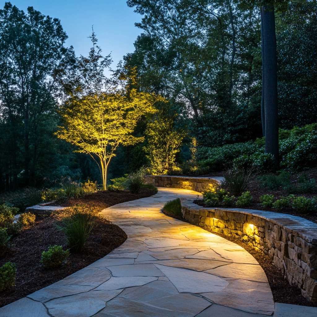 Illuminated garden pathway with trees at dusk