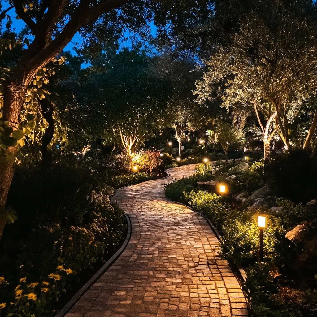 Illuminated garden pathway with trees and lanterns at night