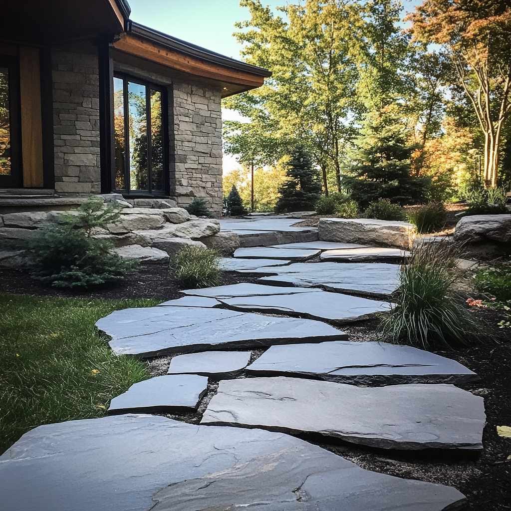 Stone pathway leading to modern house with lush garden