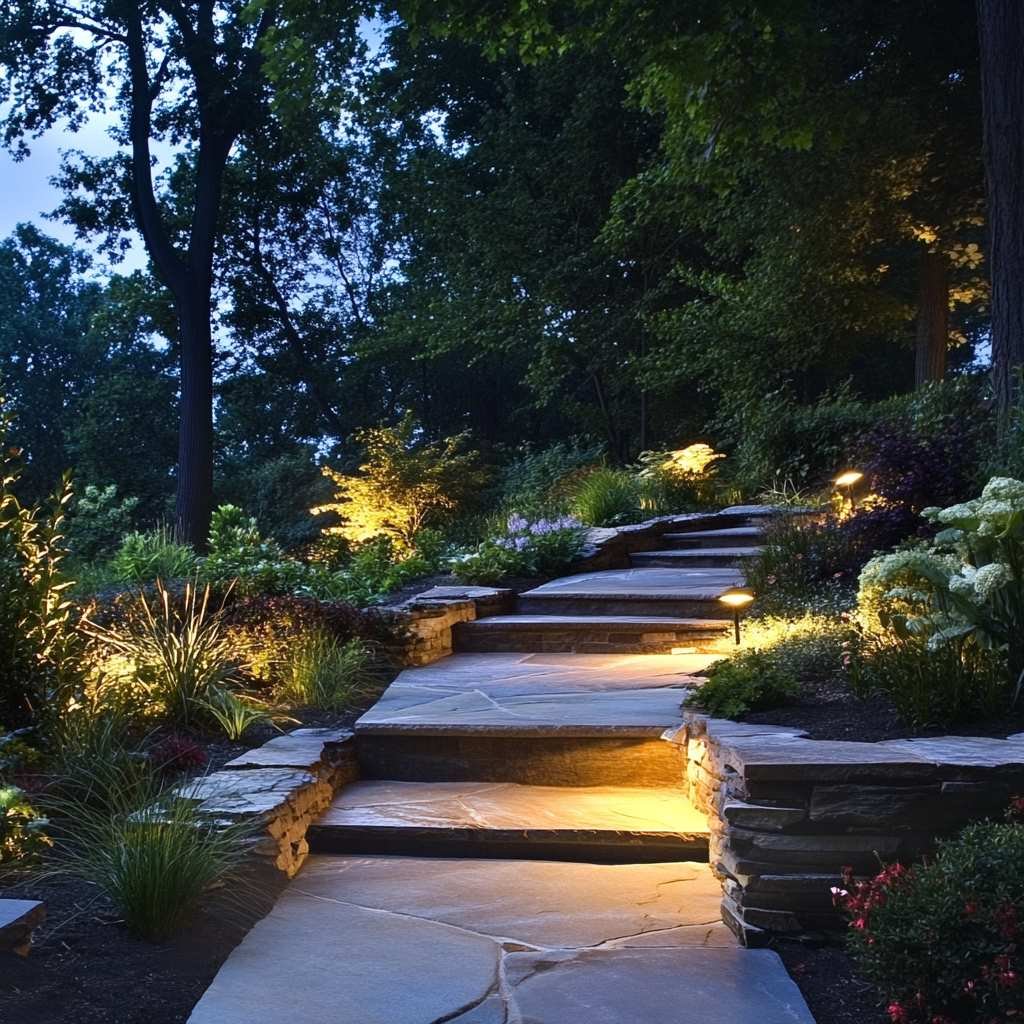 Illuminated garden pathway at dusk with lush greenery