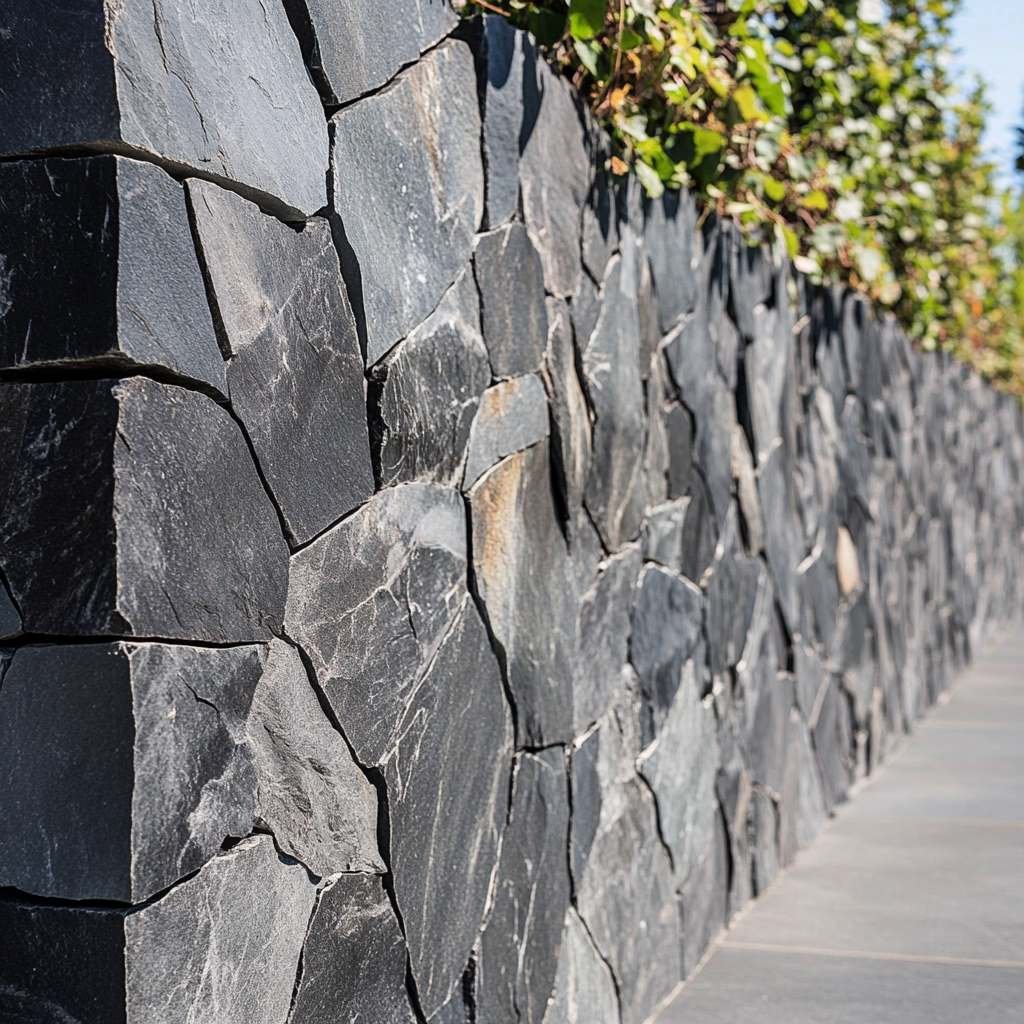 Black slate stone wall with creeping green vines