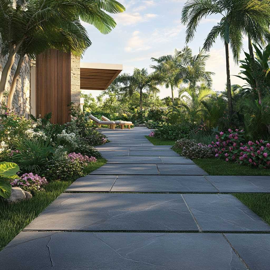 Lush garden pathway with tropical plants and modern design