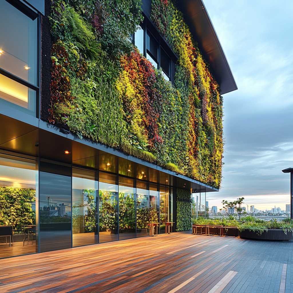 Modern building with lush vertical garden and wooden deck