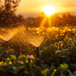 Irrigation system watering garden at sunset