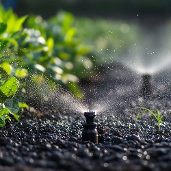 Irrigation sprinkler watering garden plants at sunrise