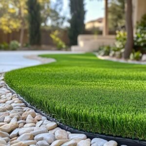 Lush green artificial lawn with white pebble border