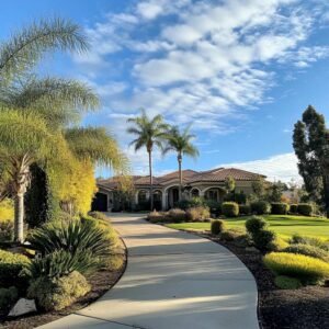 Luxurious house with palm trees and landscaped garden