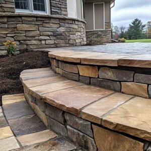 Elegant stone steps and wall on house exterior