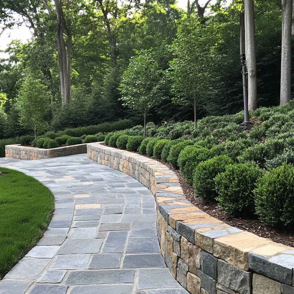 Stone pathway with retaining walls in lush garden