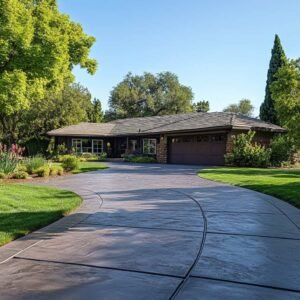 Suburban house with landscaped yard and circular driveway