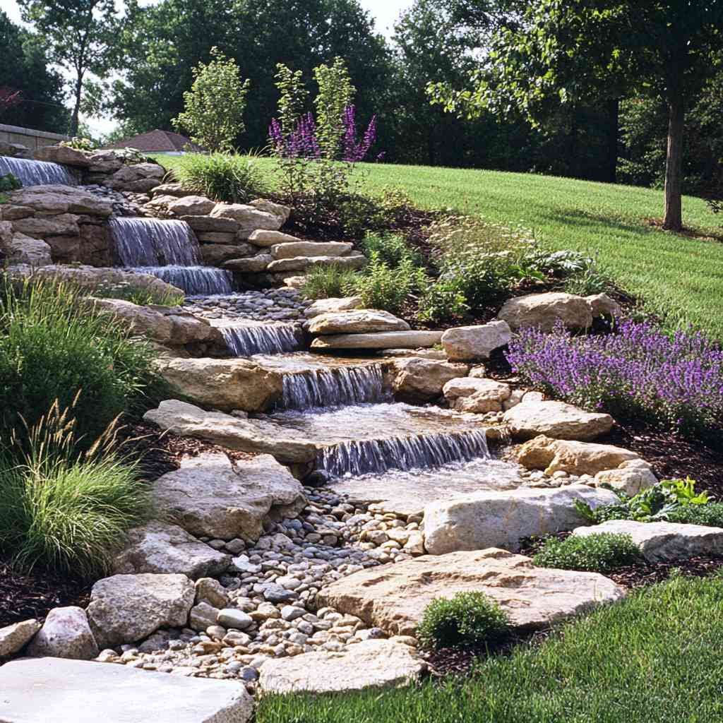 Cascading garden waterfall with rocks and flowers