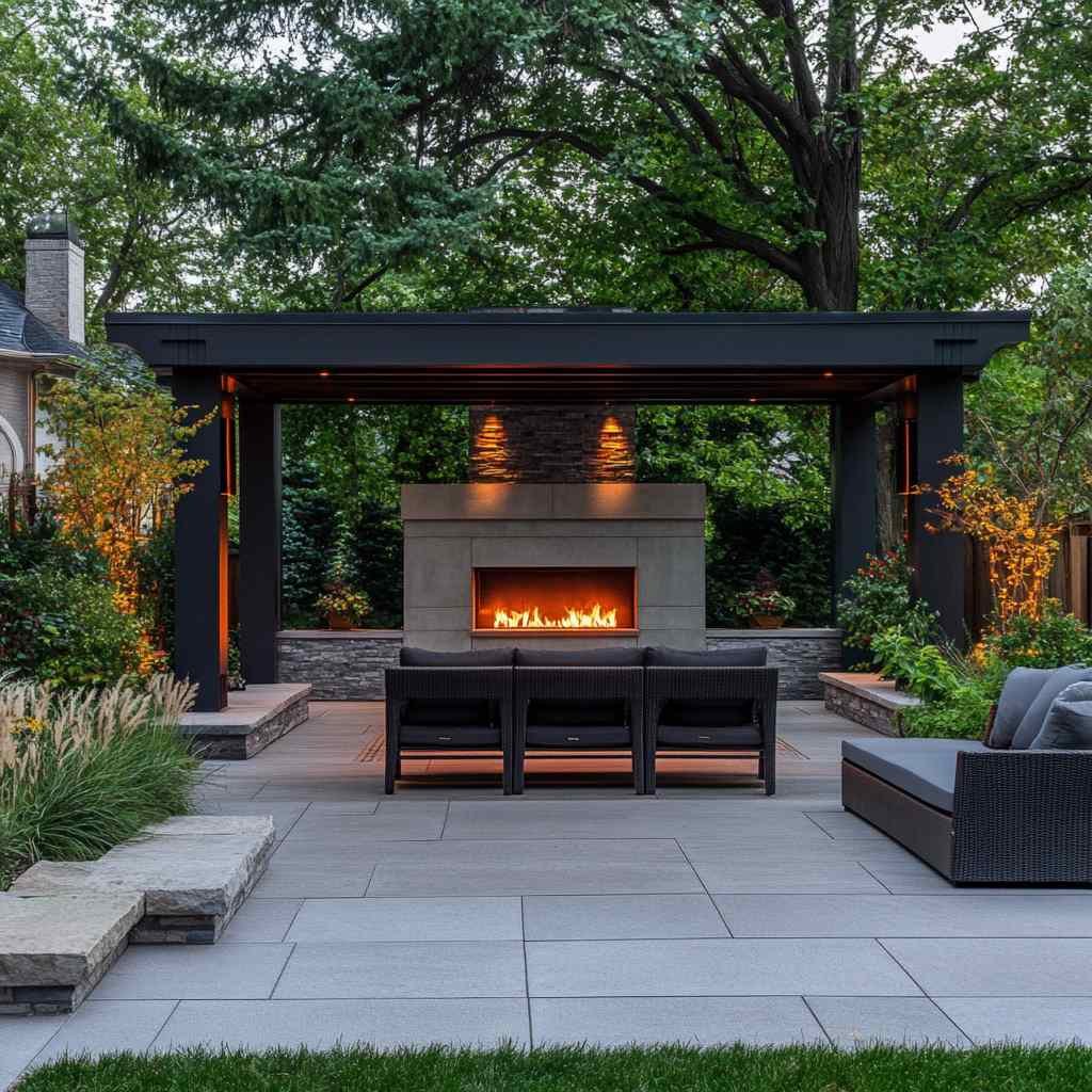 Outdoor patio with fireplace and modern seating area