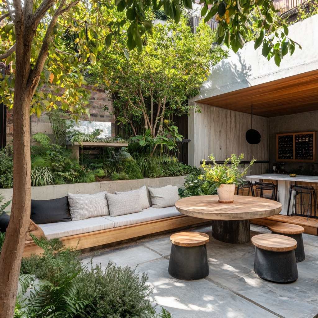 Cozy outdoor seating with lush greenery and wooden accents