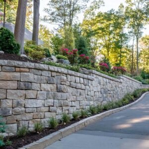 Curved stone wall with flowers along a suburban road