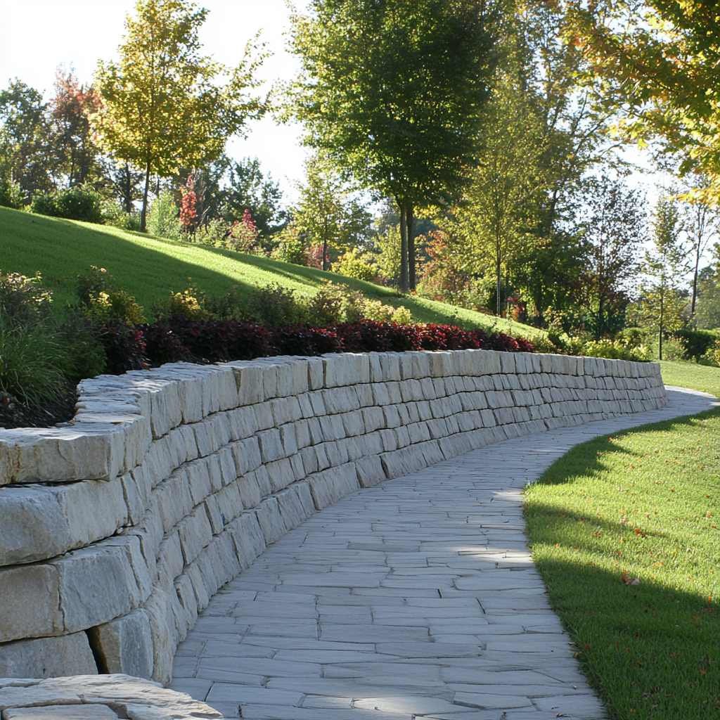 Curved stone pathway in lush, landscaped park