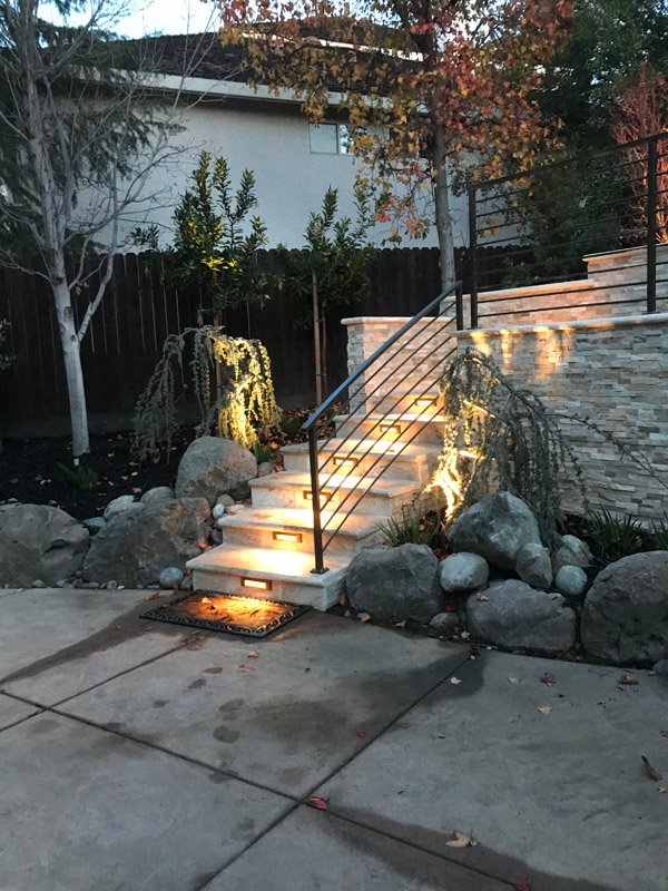 South Canyon Construction creates beautiful outdoor stairs with lighting and stone